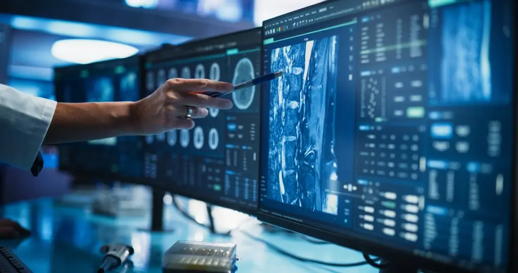 Person pointing at screen with MRI scans