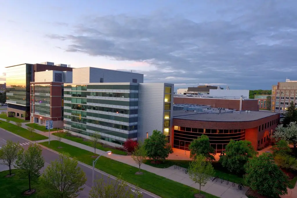 Skyline picture showing the Facility for Rare Isotope Beams on Michigan State University's campus